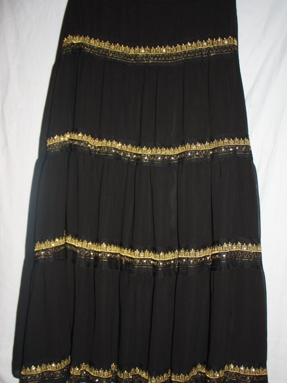 Body Central Black Tiered Maxi Skirt with Gold Accents, Size Small